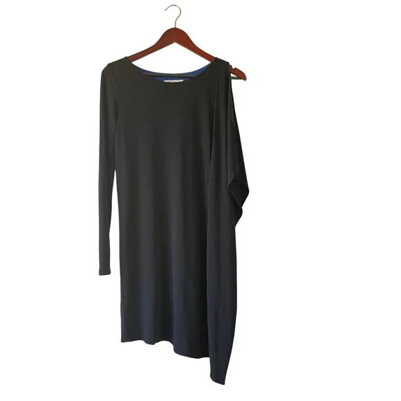 Max Mara Black Cobalt Blue Asymmetric Long Sleeve Draped Cotton Dress Large - Picture 1 of 6